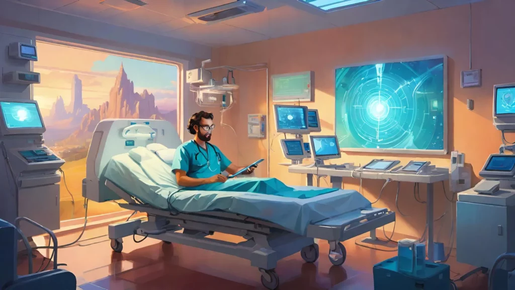 Dokter duduk di ranjang rumah sakit futuristik dengan perangkat medis canggih di sekelilingnya.