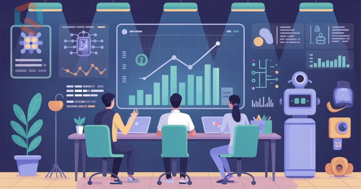 Tim startup analisis dashboard AI futuristik dengan hologram data real-time dan grafik pertumbuhan, ilustrasi flat design