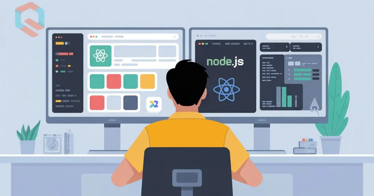 Ilustrasi full stack developer Indonesia bekerja di dua monitor: frontend warna-warni dan backend terminal kode, gaya flat design cerah