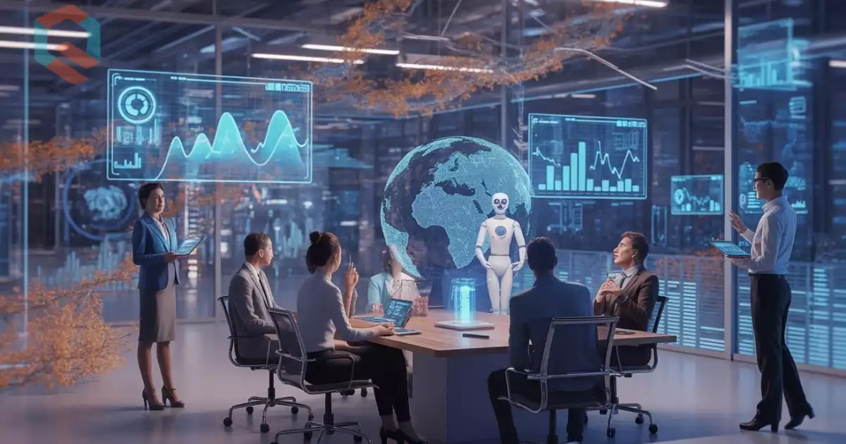 Tim bisnis beragam berkolaborasi dengan asisten AI holografik di kantor futuristik, menganalisis data untuk efisiensi operasional