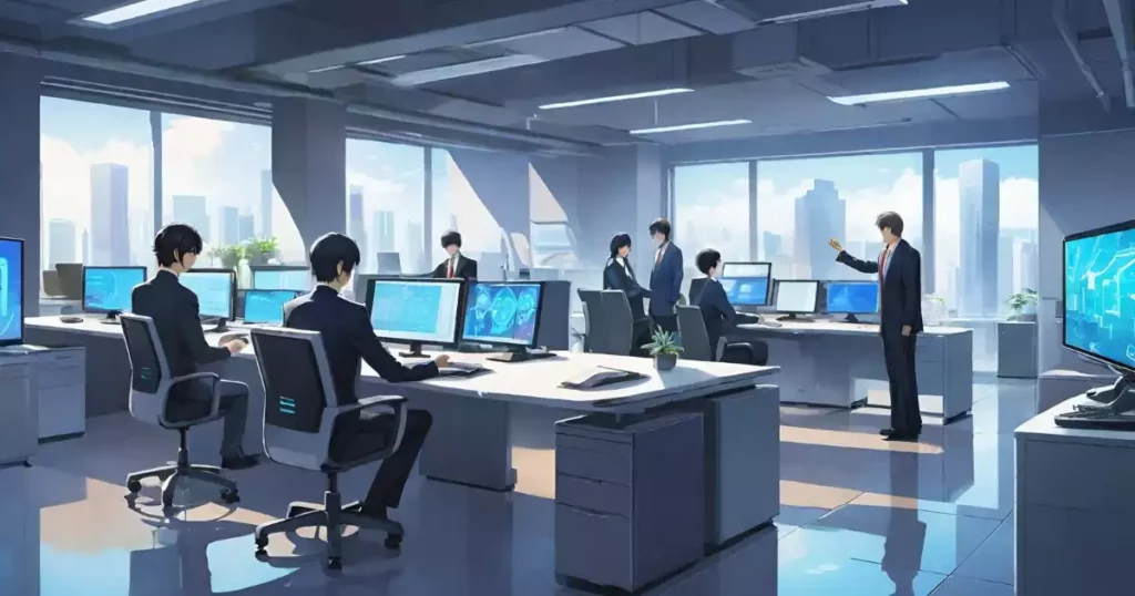 Ilustrasi tim bisnis modern berkolaborasi dengan robot AI di kantor futuristik