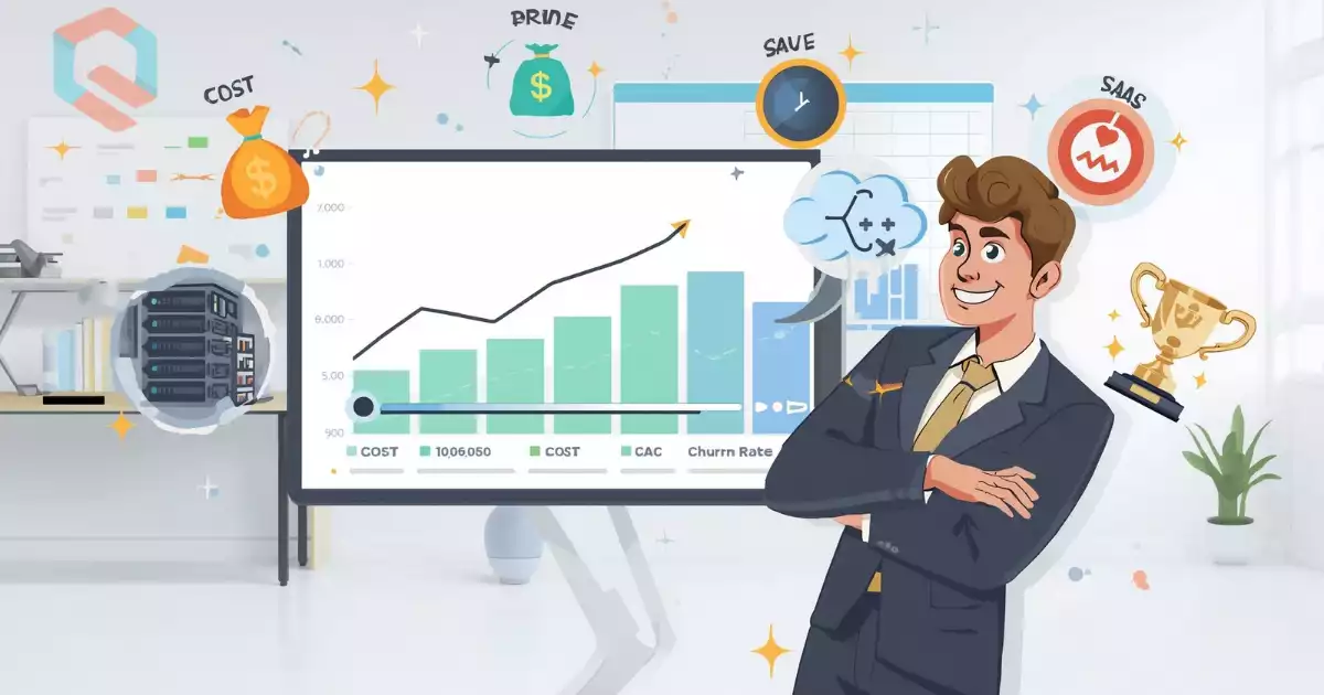 Ilustrasi strategi pricing SaaS: pebisnis mengatur harga di dashboard dengan grafik naik