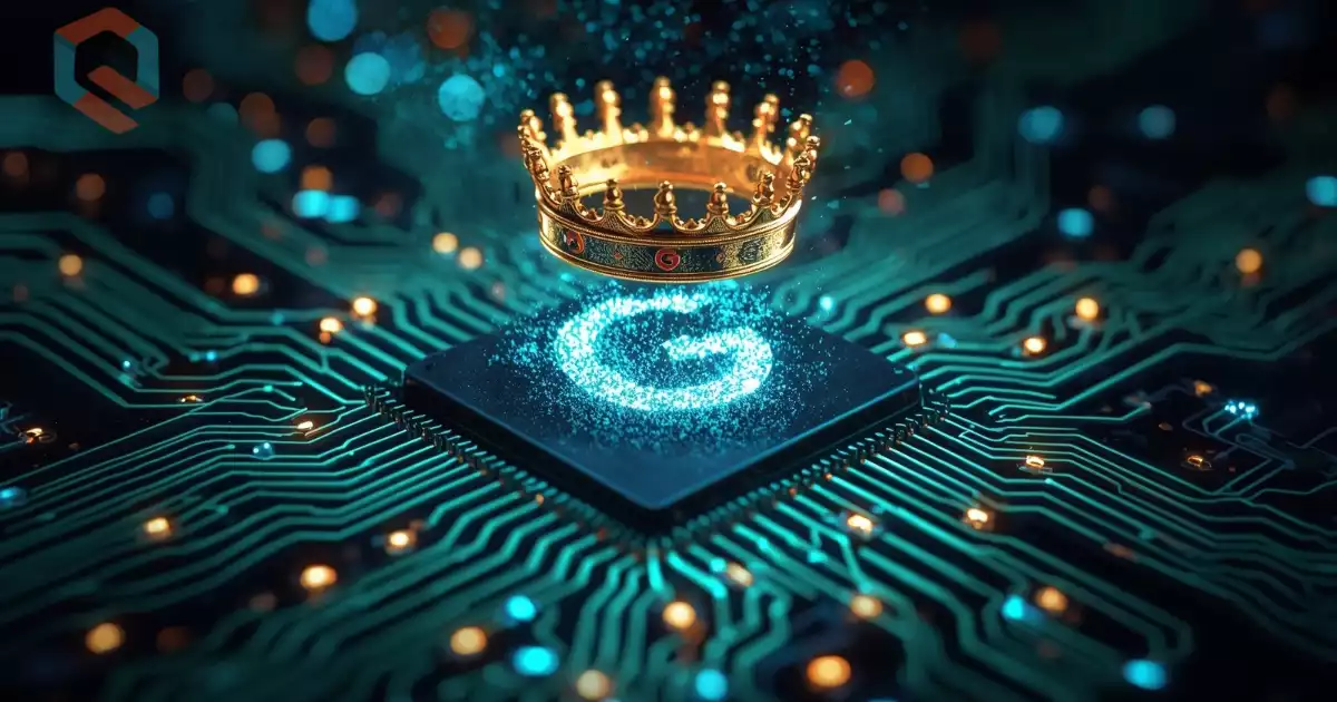 Mahkota cahaya futuristik mengambang di atas logo Gemini 2.5 Pro dengan partikel digital biru-hijau, latar papan sirkuit bercahaya