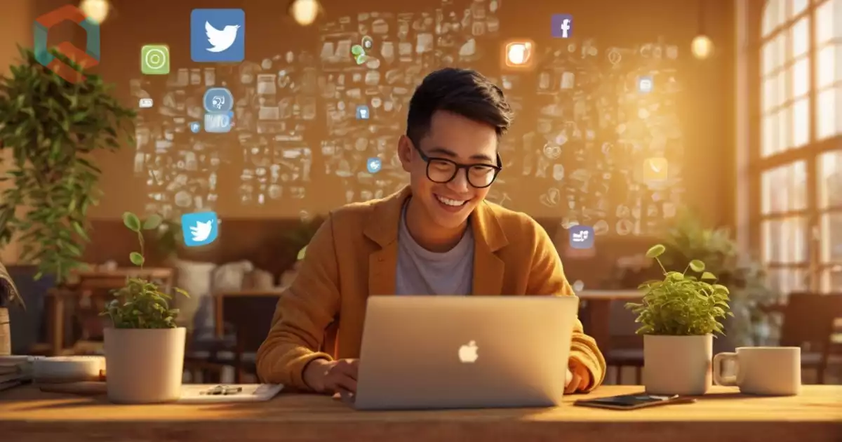 Penulis muda tersenyum mengetik di kafe dengan ikon media sosial mengambang