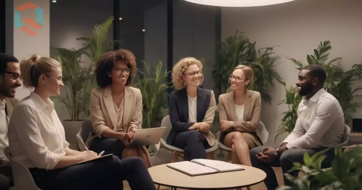 Pemimpin dan tim berdiskusi santai di kantor modern, menunjukkan komunikasi terbuka dan kolaborasi.