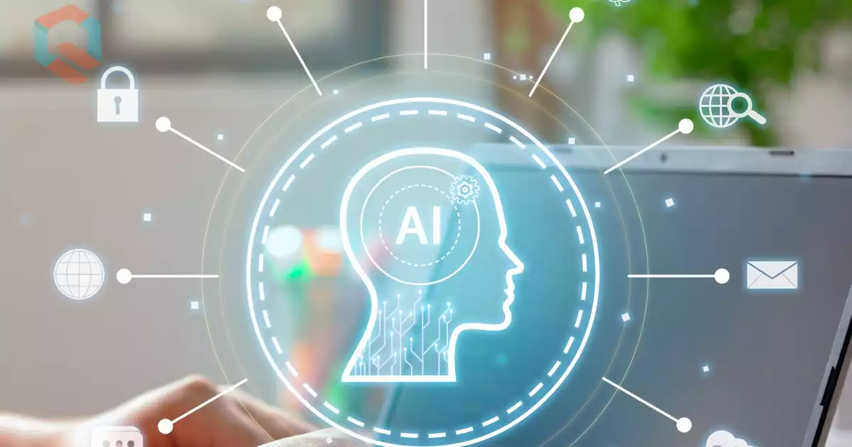 Ilustrasi AI dengan ikon-ikon teknologi di layar laptop