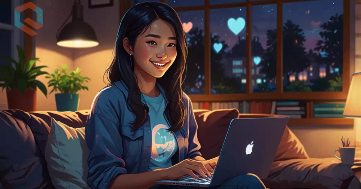 Wanita tersenyum ngobrol dengan chatbot ramah di laptop, suasana nyaman sore hari