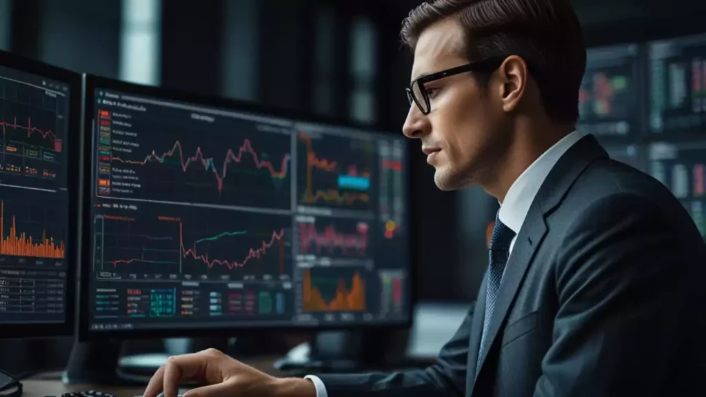 Ilustrasi pebisnis menggunakan dashboard analisis machine learning untuk optimasi operasional