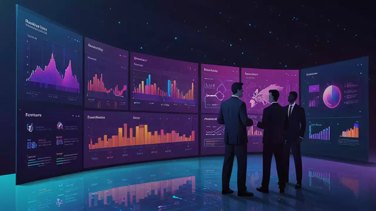 Tim bisnis menganalisis dashboard machine learning untuk optimasi strategi perusahaan