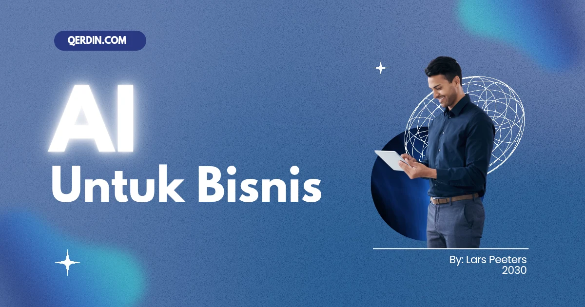 Pria memegang tablet dengan teks "AI Untuk Bisnis" di latar belakang.