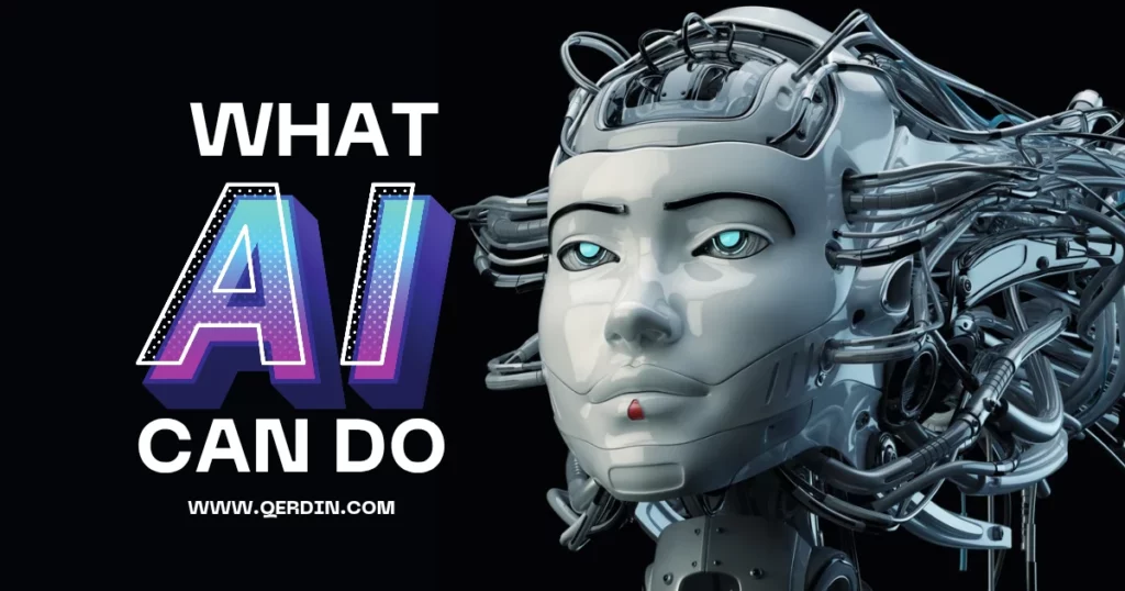AI dan Wajah robot humanoid futuristik dengan teks