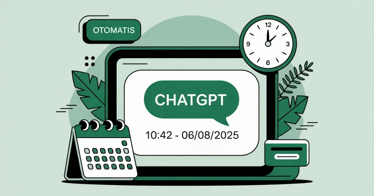 Ilustrasi antarmuka ChatGPT dengan cap waktu pada balasan chat dan ikon kalender/jam