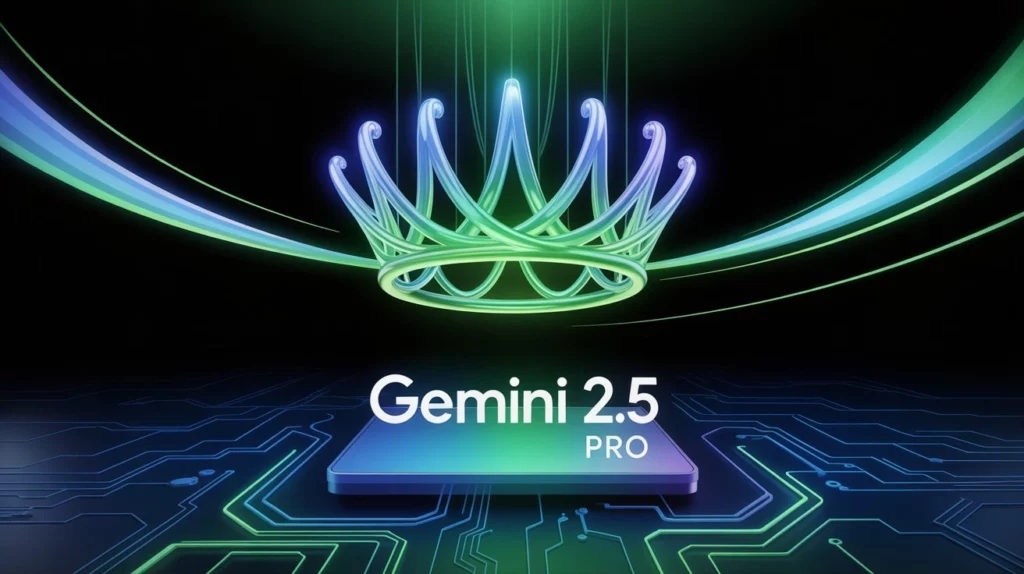 Mahkota cahaya futuristik mengambang di atas logo Gemini 2.5 Pro dengan partikel digital biru-hijau.